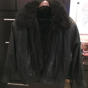 Andrew Marc Black Leather Fur Jacket